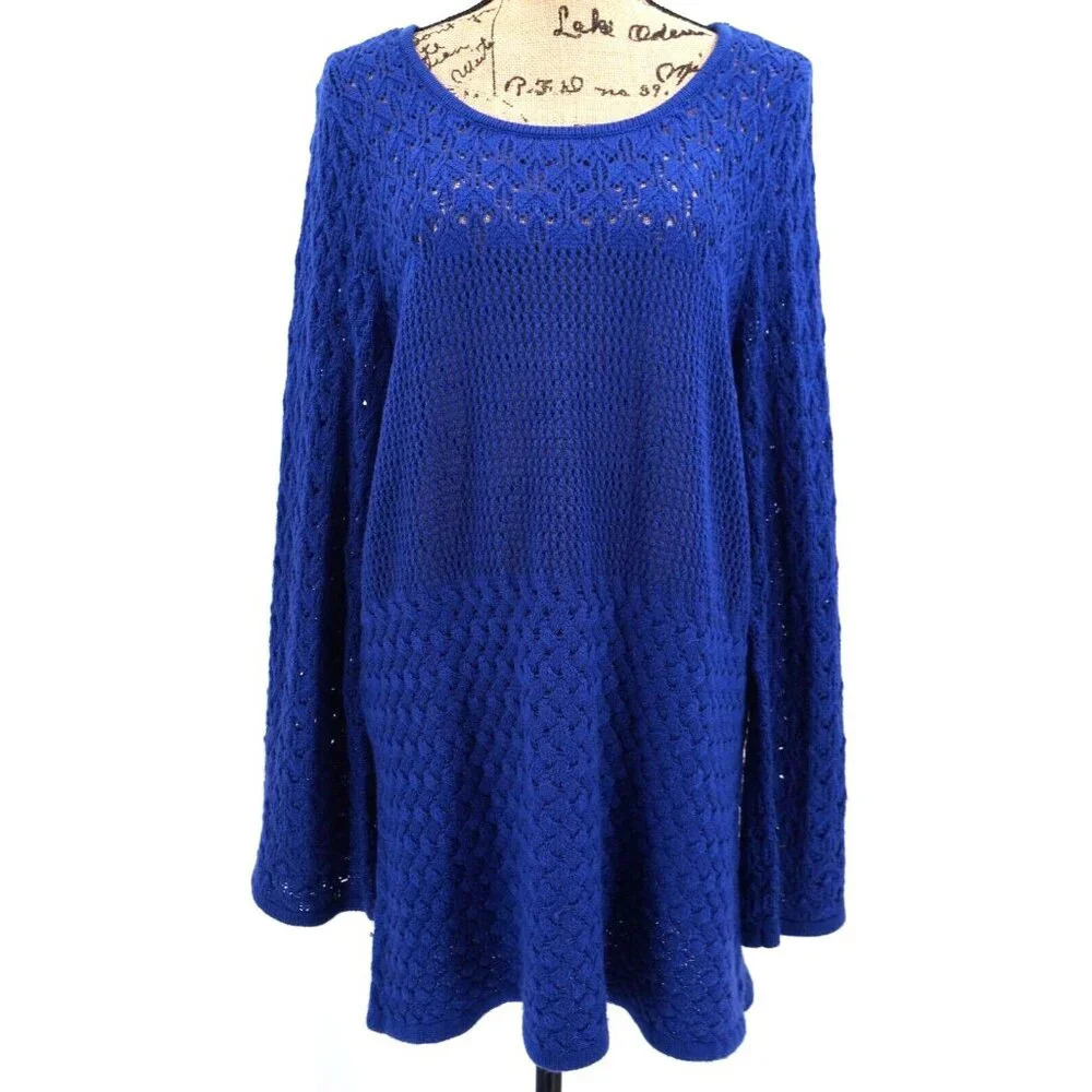 Avenue Sweater Women 14/16 Blue Long‎ Tunic Round Neck Long Bell Sleeve Soft
